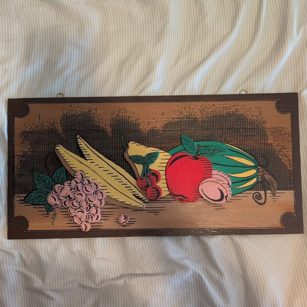 Vintage 1950s 1960s Wood Art Still LIfe 3D framed Fruit retro kitsch